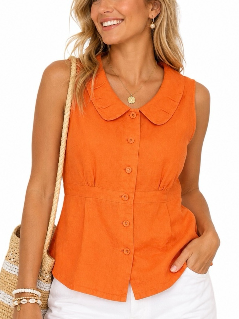 Peter Martin Orange Linen Peter Pan Collar Sleeveless Blouse Size M